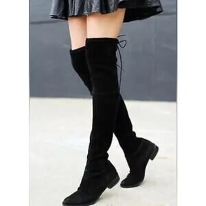 Stuart Weitzman Lowland Boots Over The Knee Thigh High Suede Flat Tie Back Black